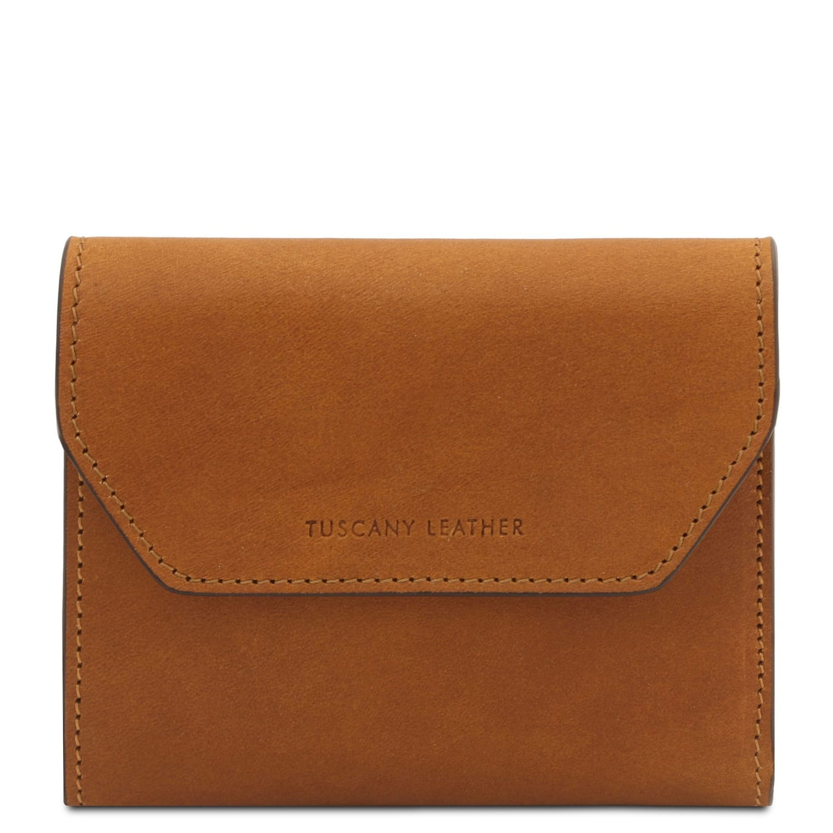 Front view of tan Exclusive leather wallet with clean stitching and Tuscany Leather branding.