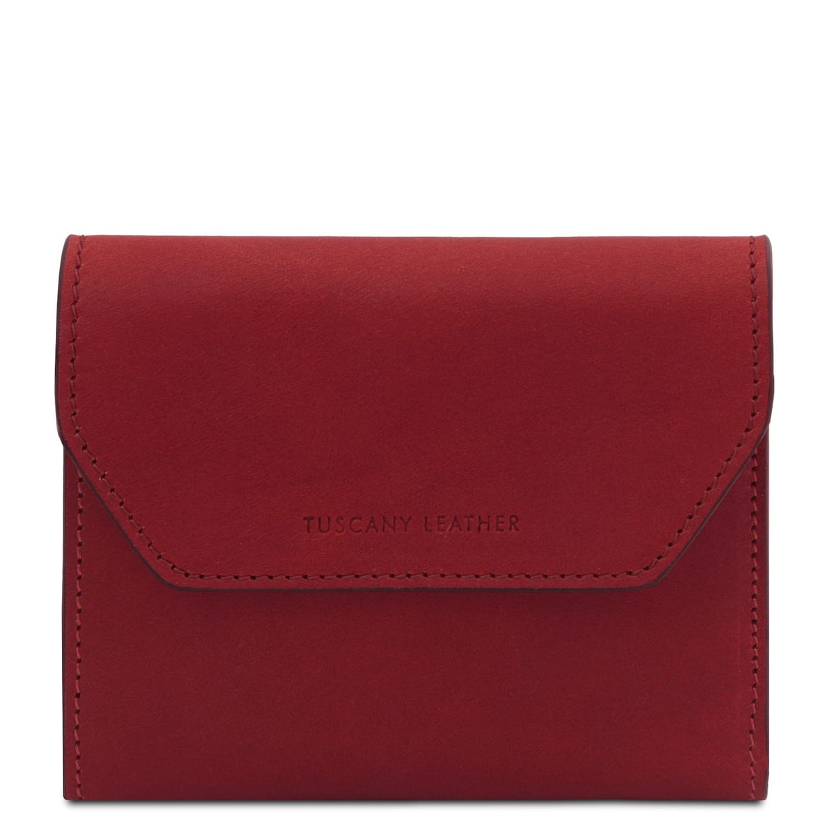 Red Tuscany Leather wallet with envelope-style flap and stitched edges.