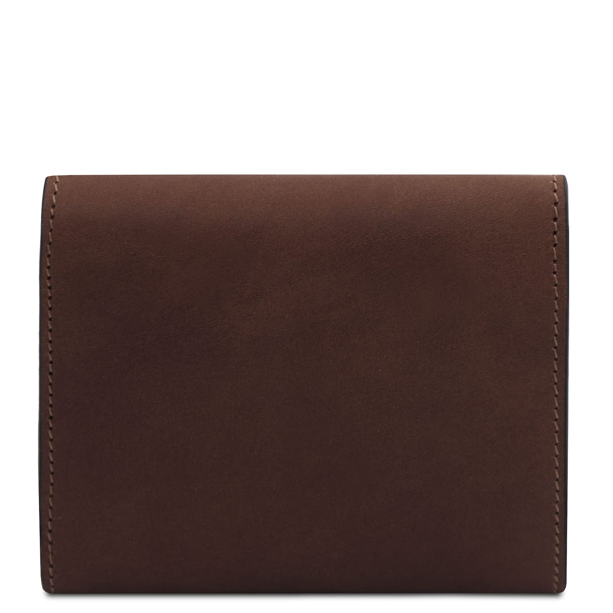 Back view of brown leather wallet with clean surface and visible edge stitching.