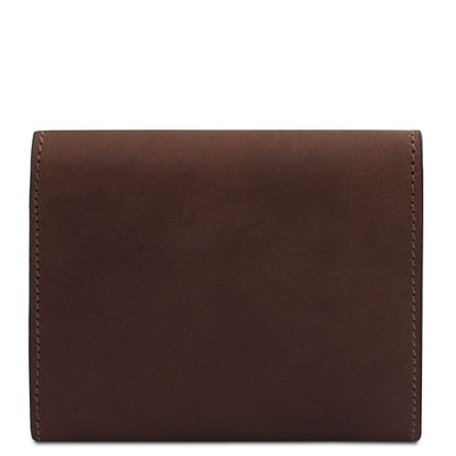 Back view of brown leather wallet with clean surface and visible edge stitching.