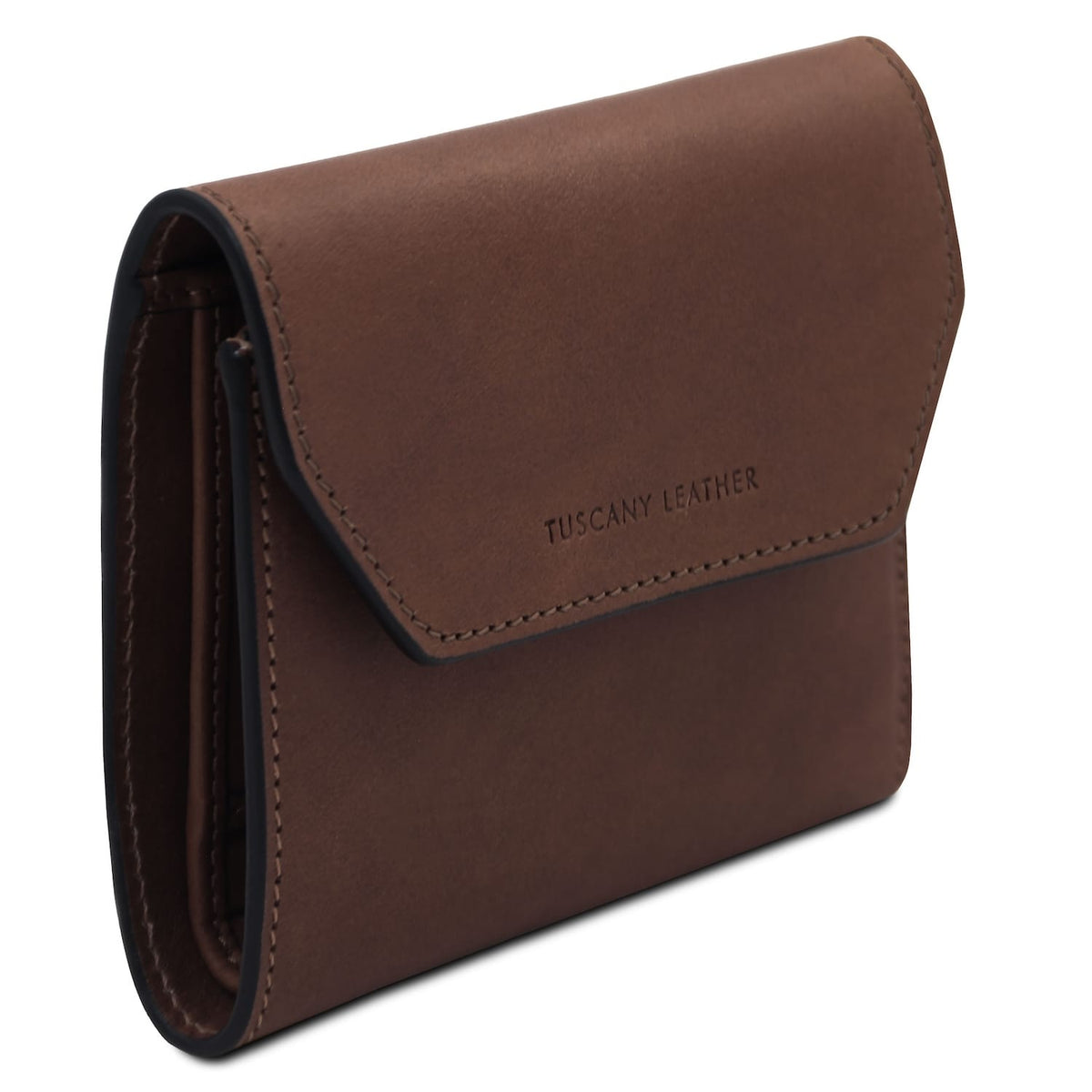 Angled side view of brown leather wallet highlighting its slim profile and neat stitching.