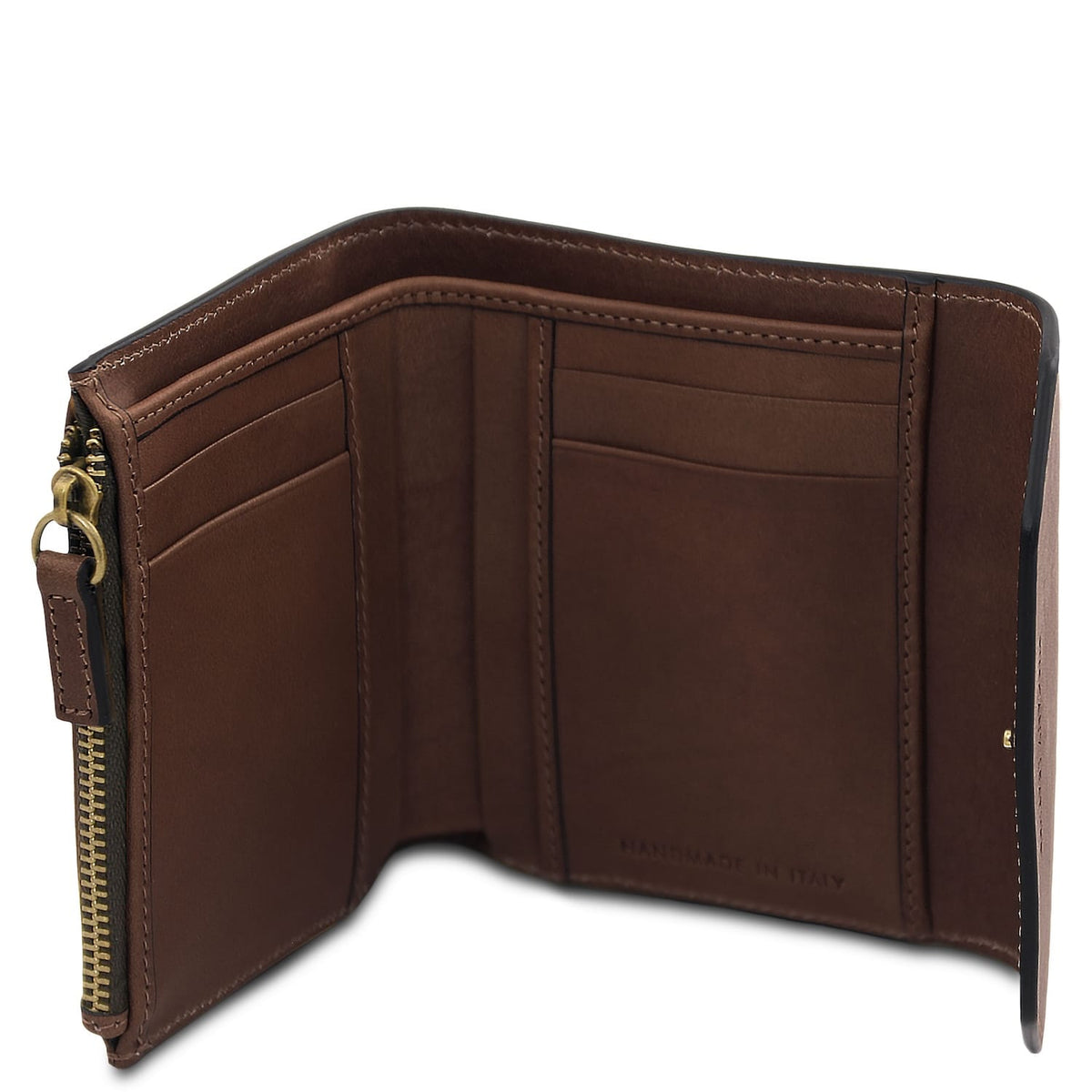 Brown leather wallet opened to reveal card slots and zipper pocket