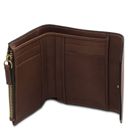 Brown leather wallet opened to reveal card slots and zipper pocket