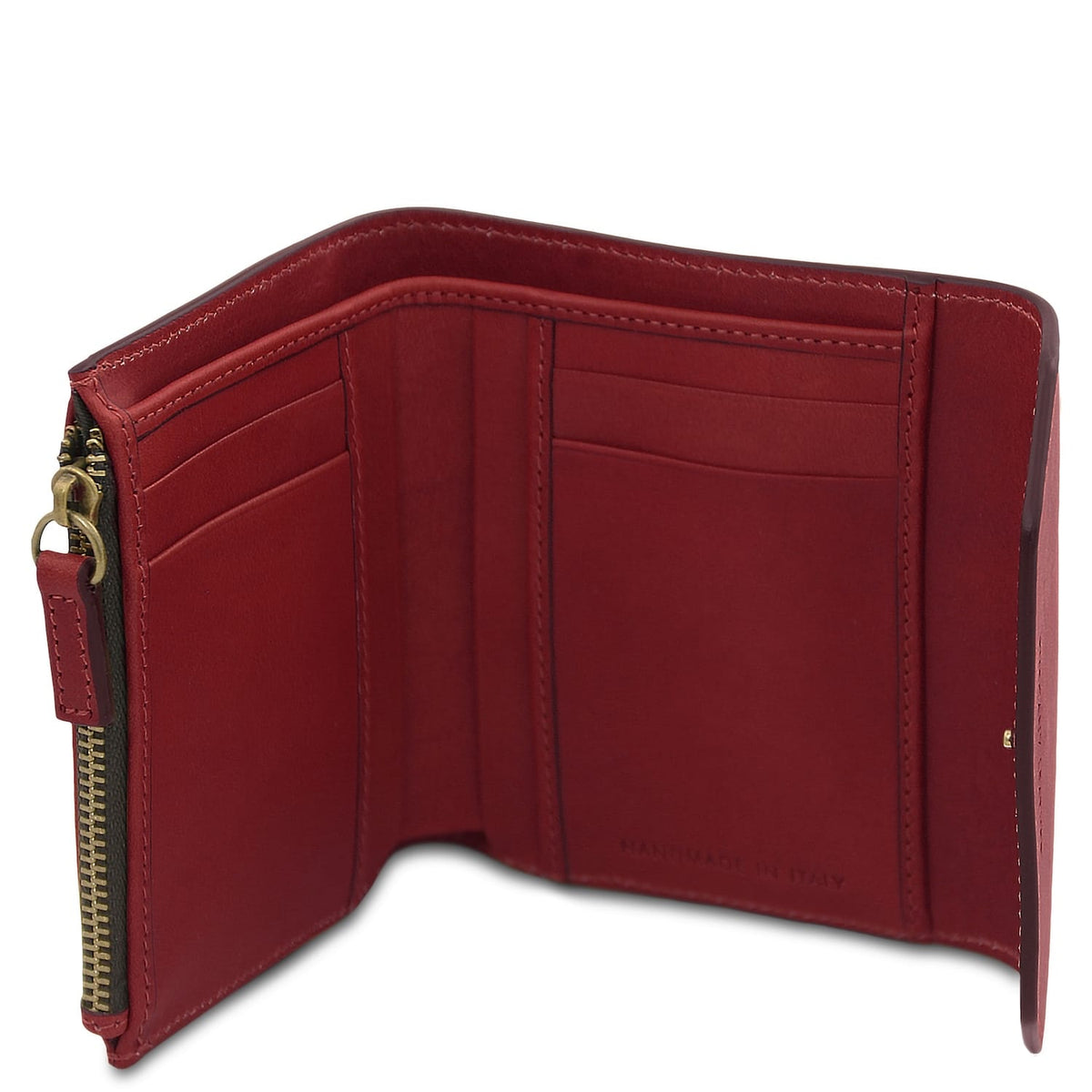 Red leather wallet opened to reveal multiple card slots and a zippered coin pocket