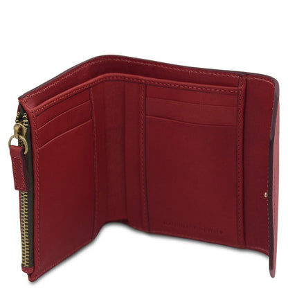 Red leather wallet opened to reveal multiple card slots and a zippered coin pocket