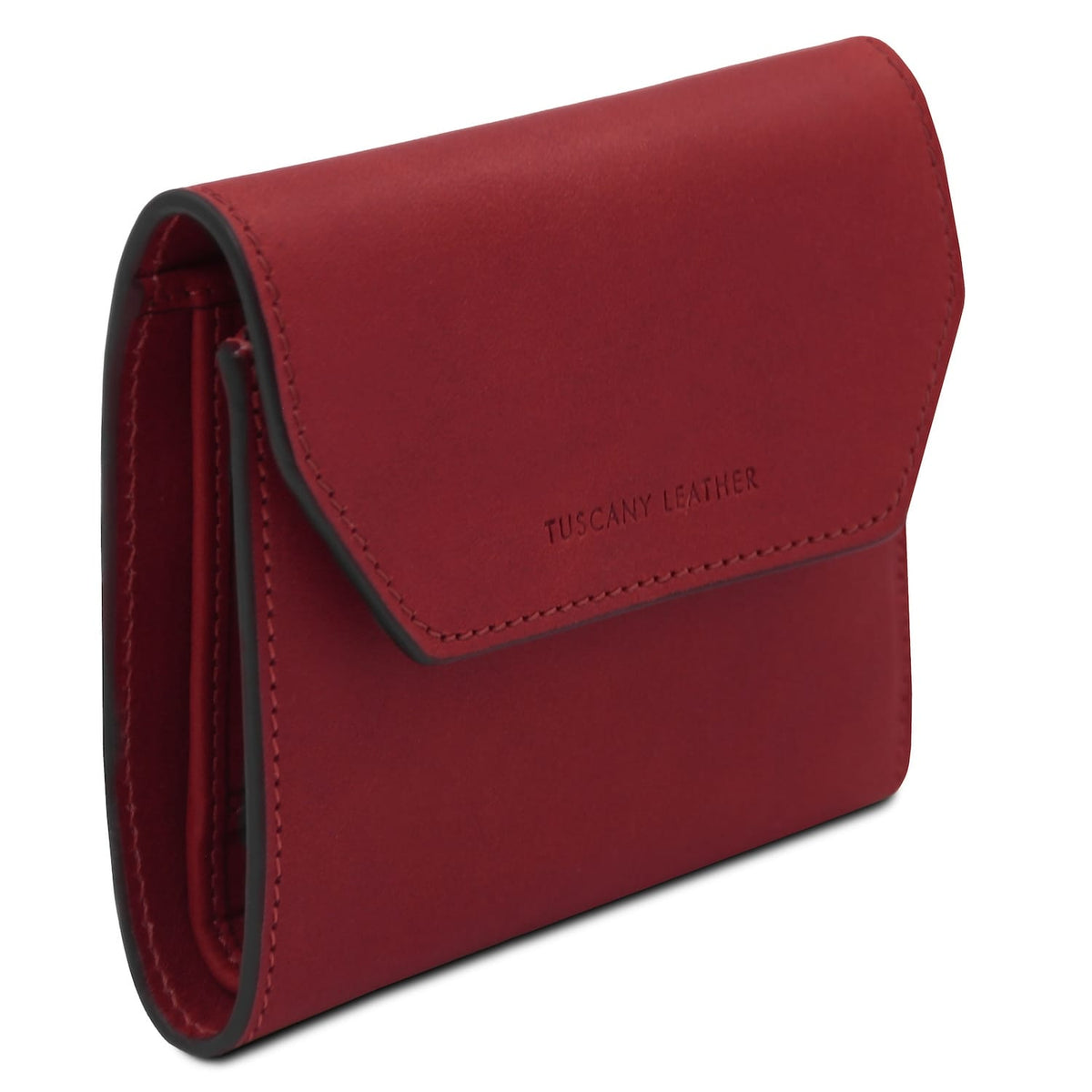 Exclusive red leather wallet with a fold over flap and visible card slots and interior zip compartment