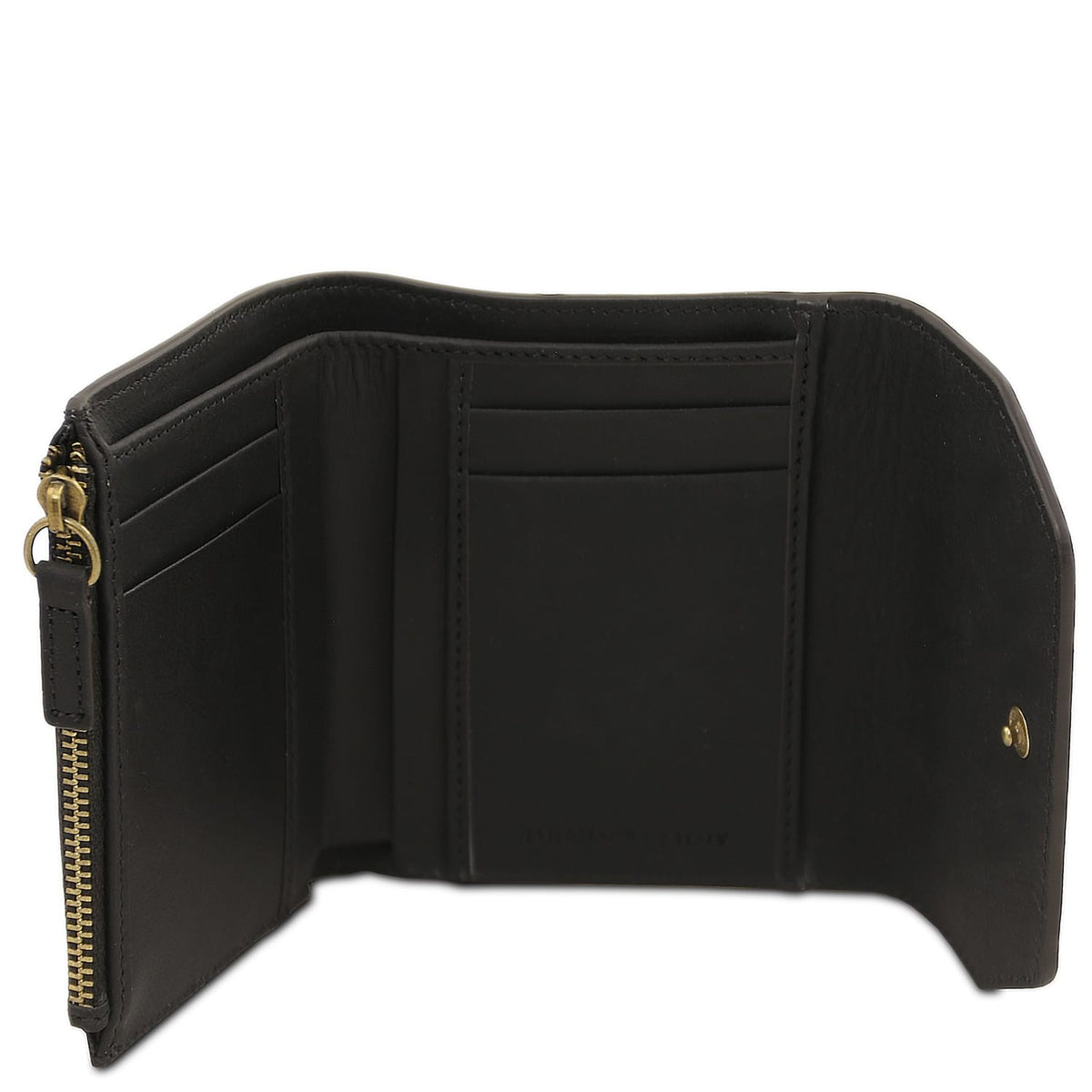 Open black leather wallet showing card slots and a zip coin pocket.