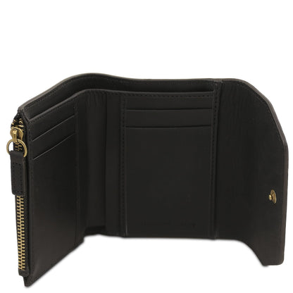 Open black leather wallet showing card slots and a zip coin pocket.