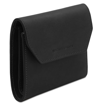Side view of black leather wallet with curved envelope flap and Tuscany Leather embossing