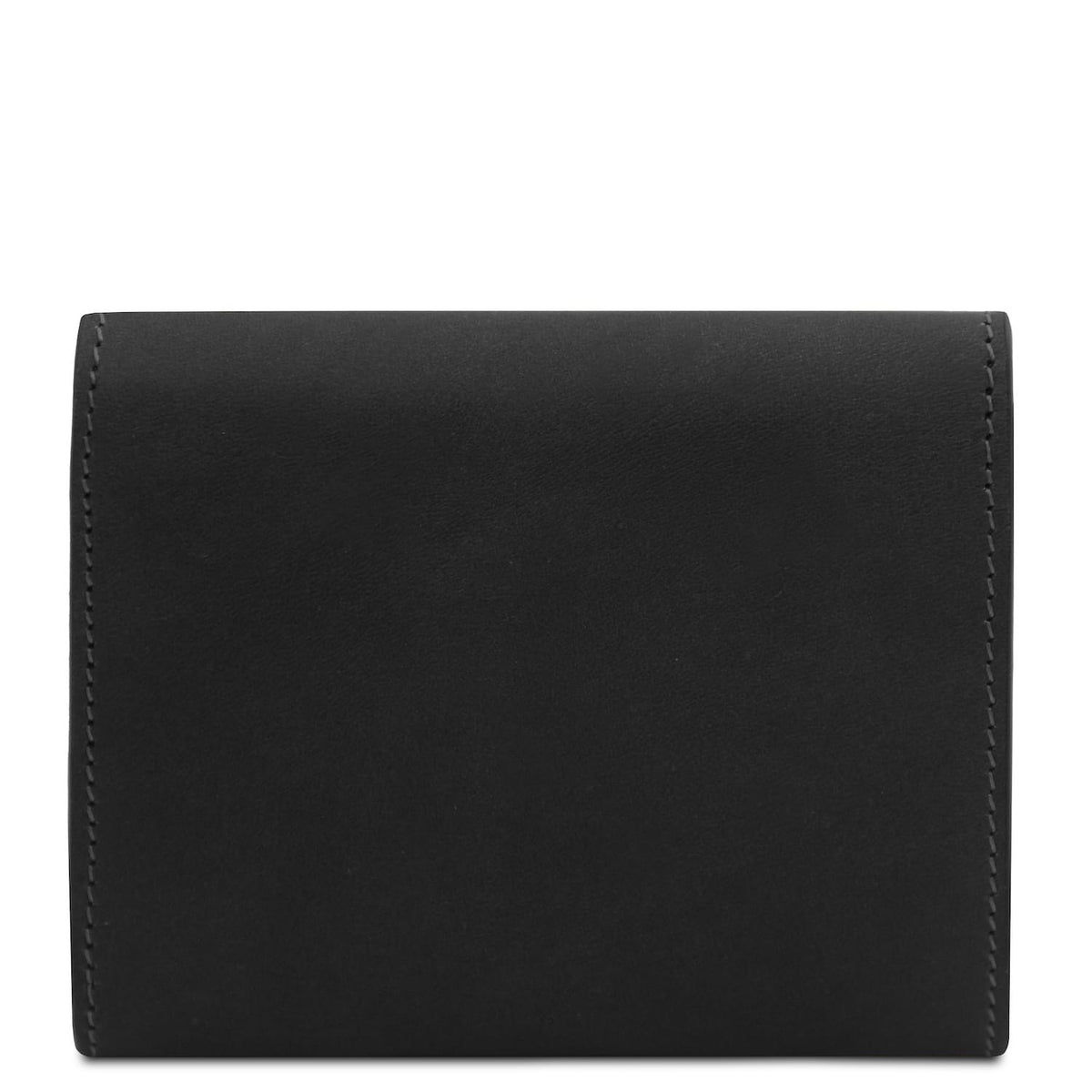 Black leather wallet with a clean rectangular shape and visible edge stitching.