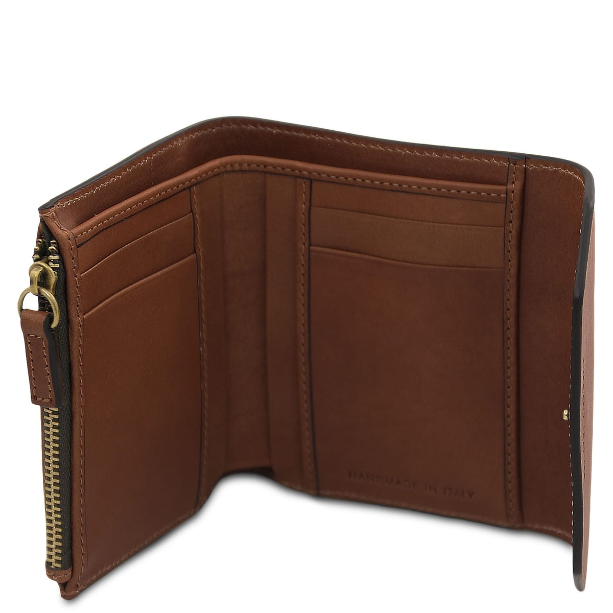 Brown leather wallet opened to reveal multiple card slots and inner compartments