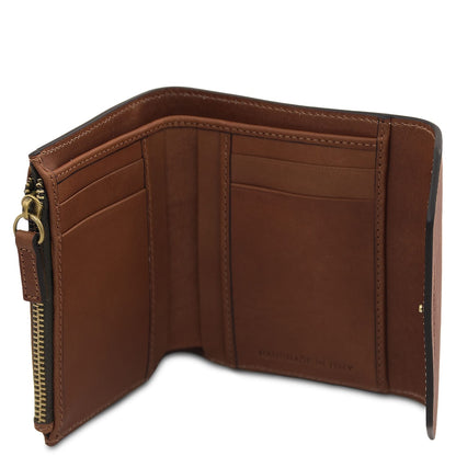 Brown leather wallet opened to reveal multiple card slots and inner compartments