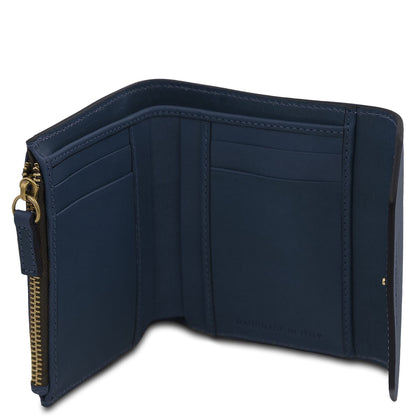 Opened blue leather wallet with card slots and a zippered pocket; handmade in Italy