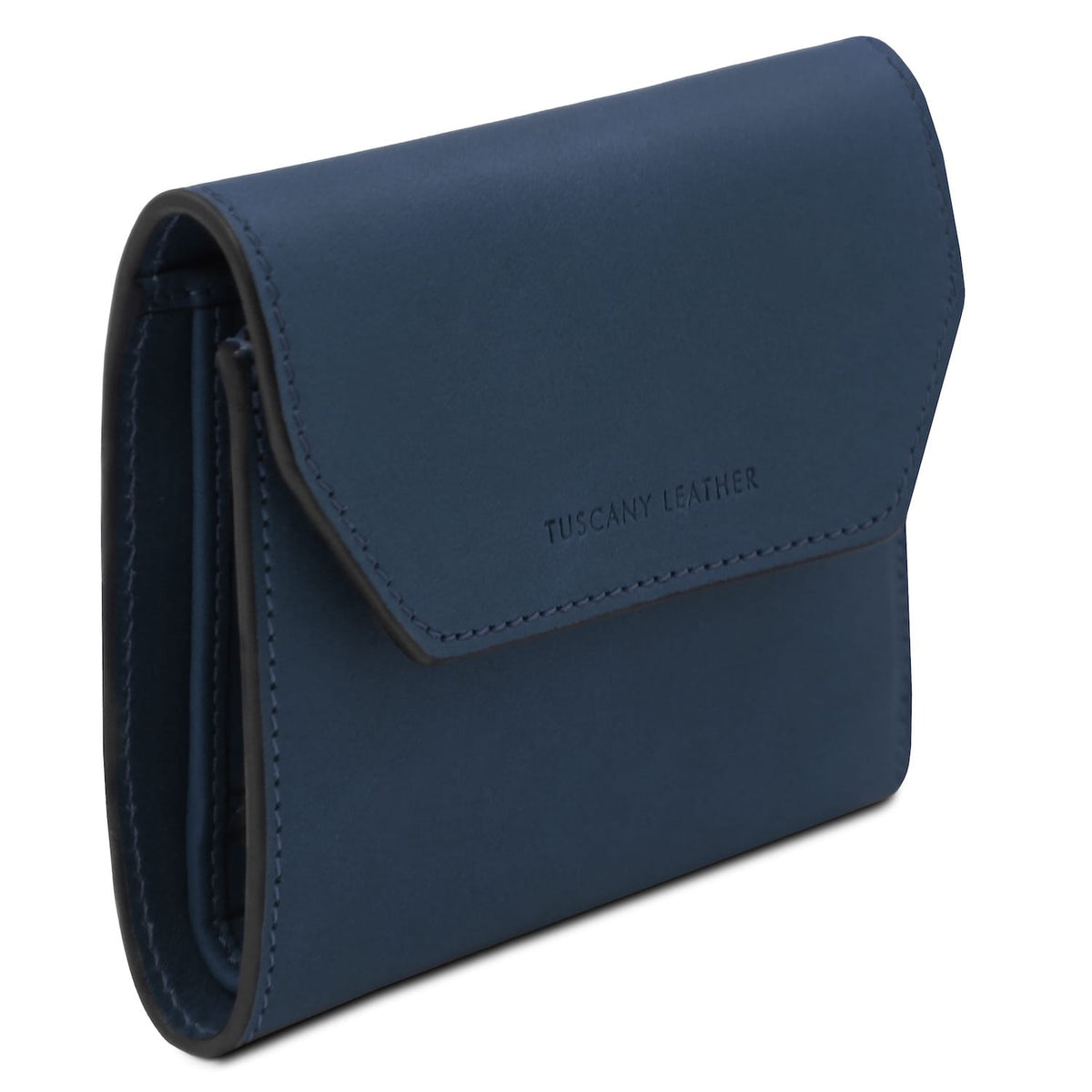 Exclusive blue leather wallet with curved flap and stitched edges