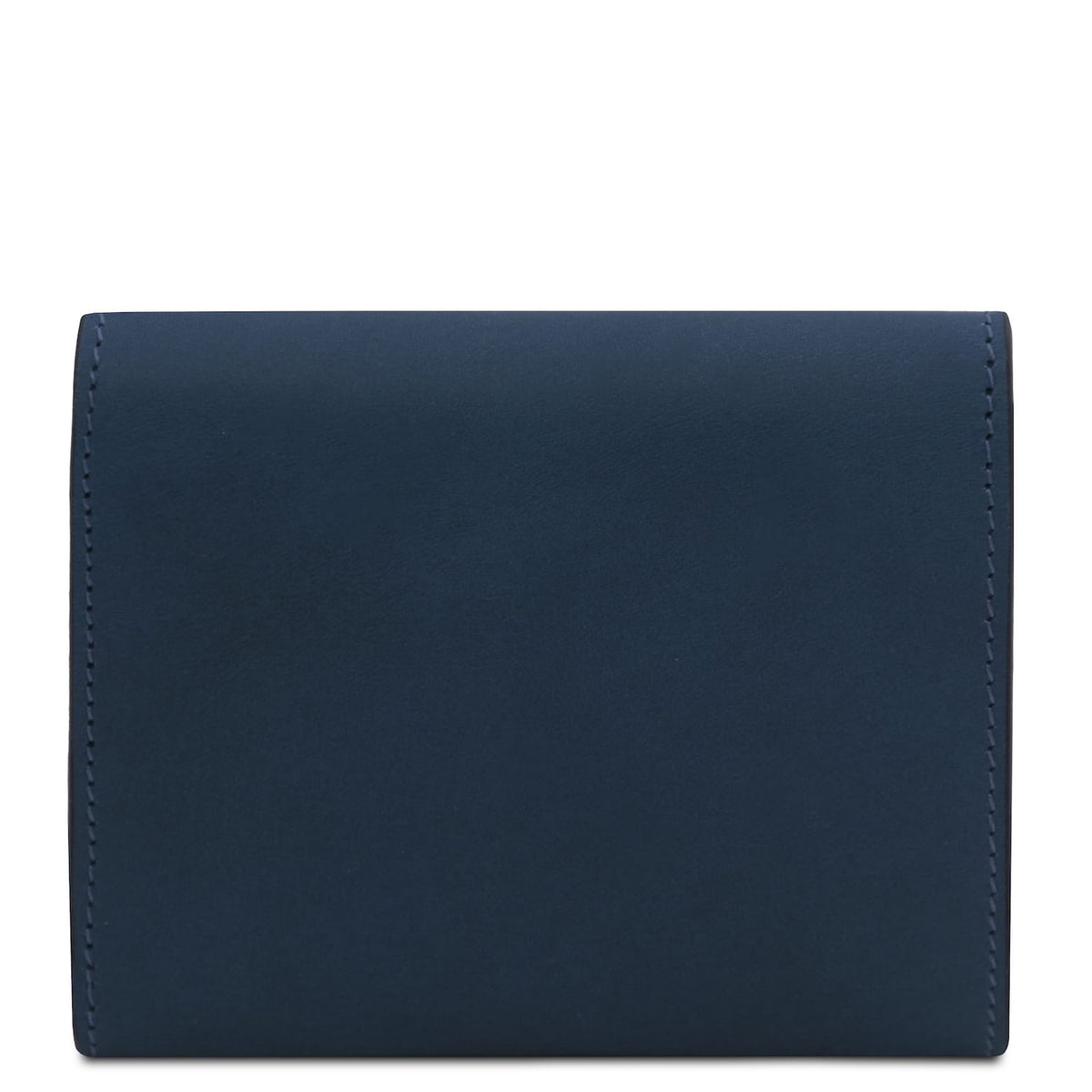 Blue leather wallet shown from the front with a smooth panel and neat stitching