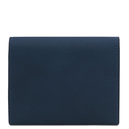 Blue leather wallet shown from the front with a smooth panel and neat stitching