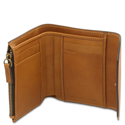 Open tan leather wallet showing card slots and a zippered compartment