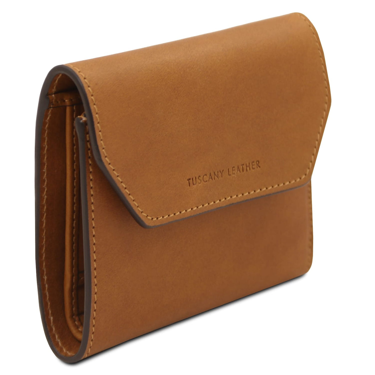 Side view of tan Exclusive wallet by Tuscany Leather showing compact design and neat stitching.