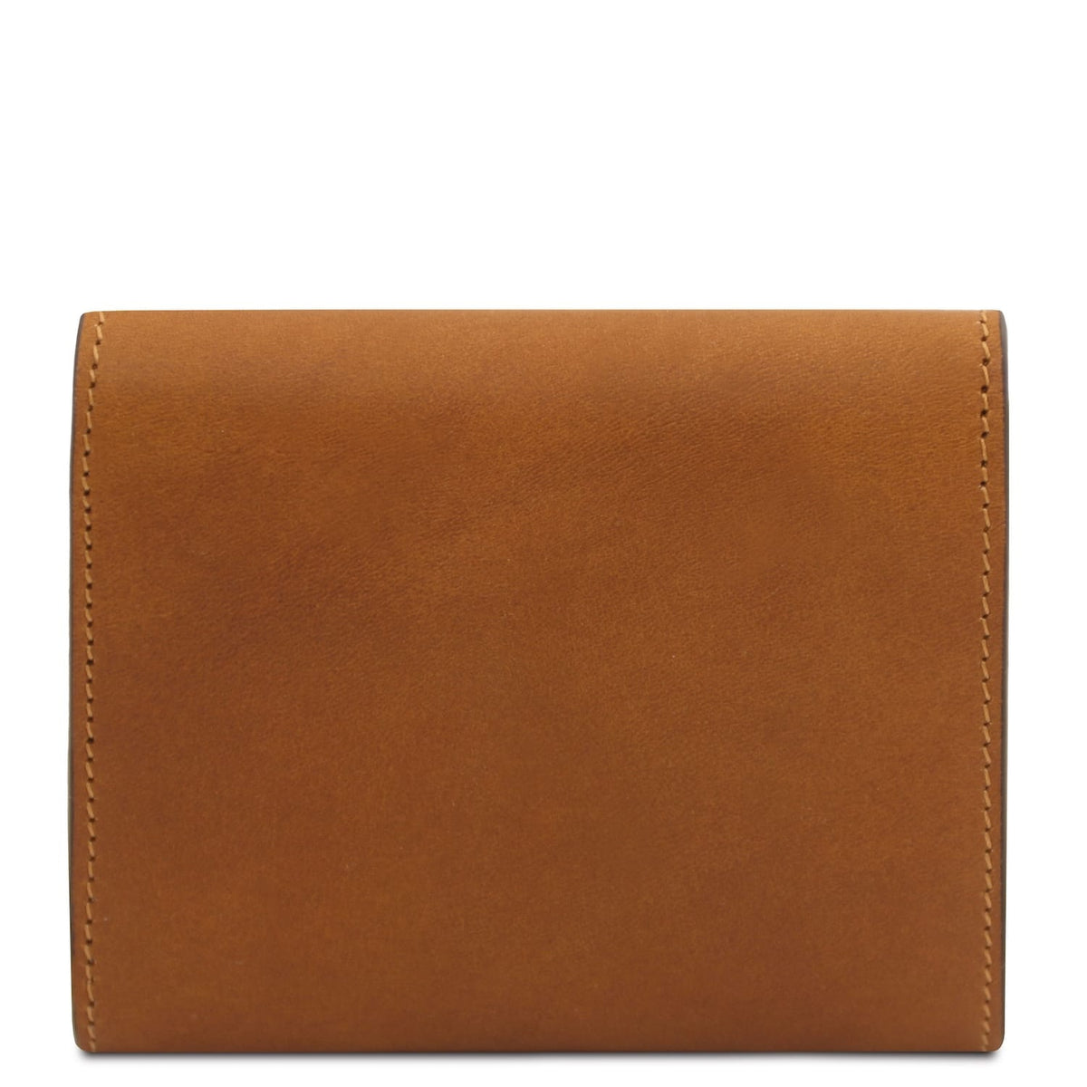 Tan leather wallet with clean rectangular silhouette and neat edge stitching