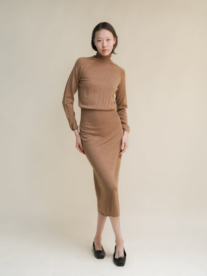 Model wearing camel brown knit turtleneck top with a matching midi skirt.