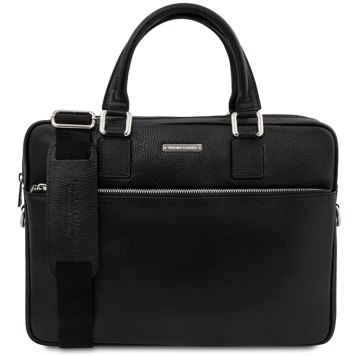 black leather laptop briefcase on a white background