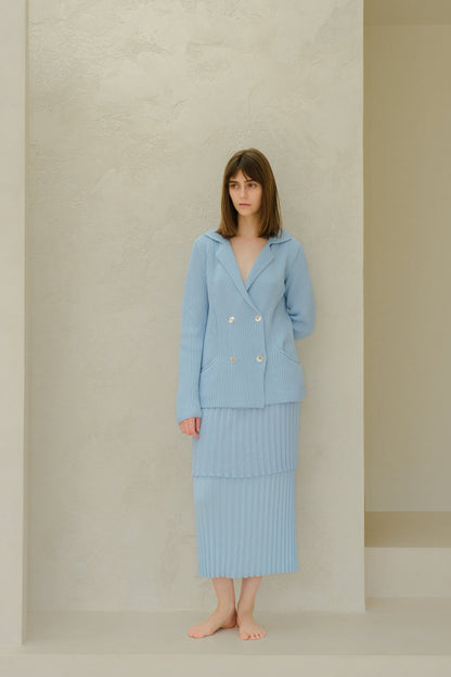Front view of a model in pale blue ribbed knit double-breasted jacket with a layered pleated skirt.