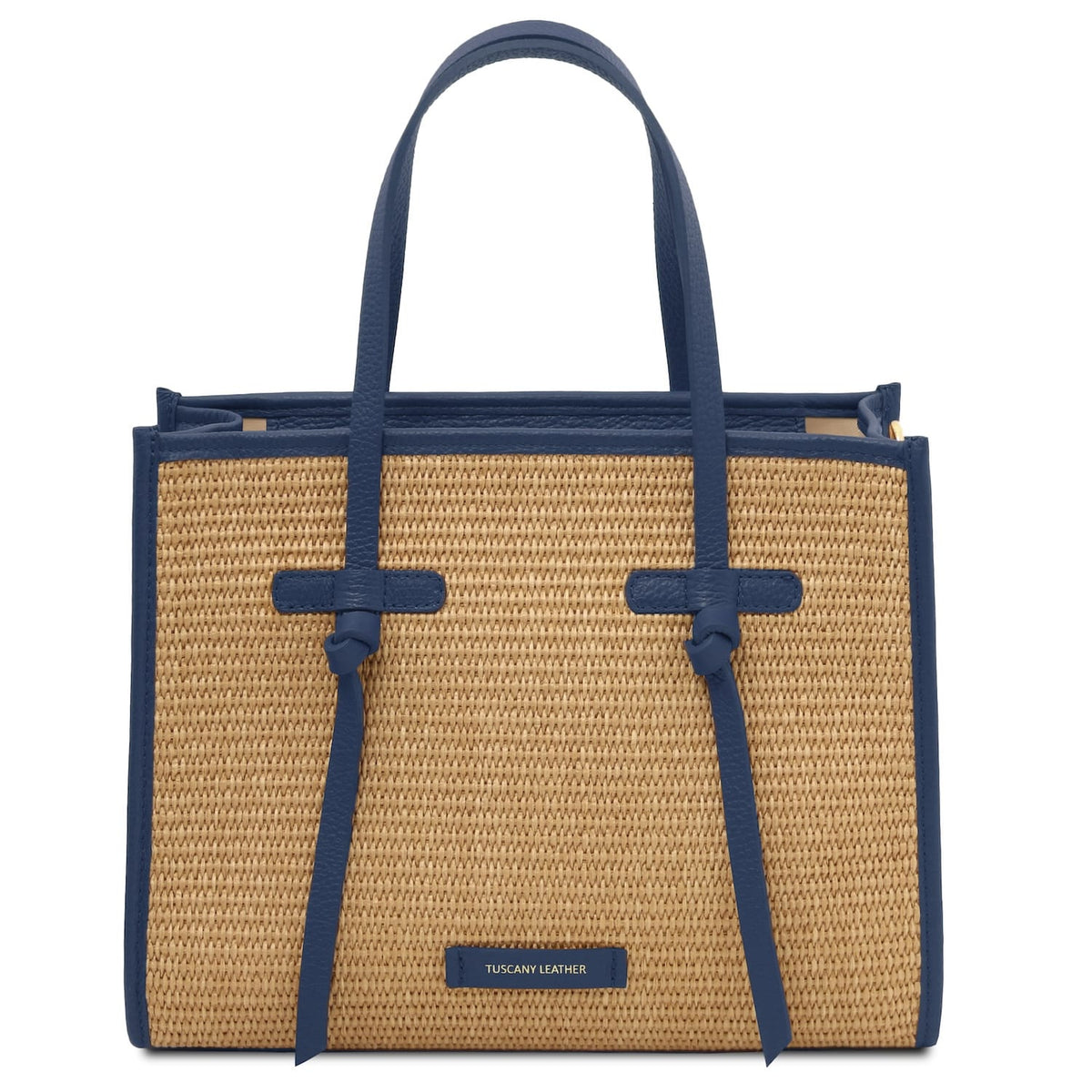 Front view of Frame straw effect shoulder bag with blue leather trim and handles