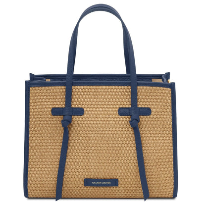 Front view of Frame straw effect shoulder bag with blue leather trim and handles