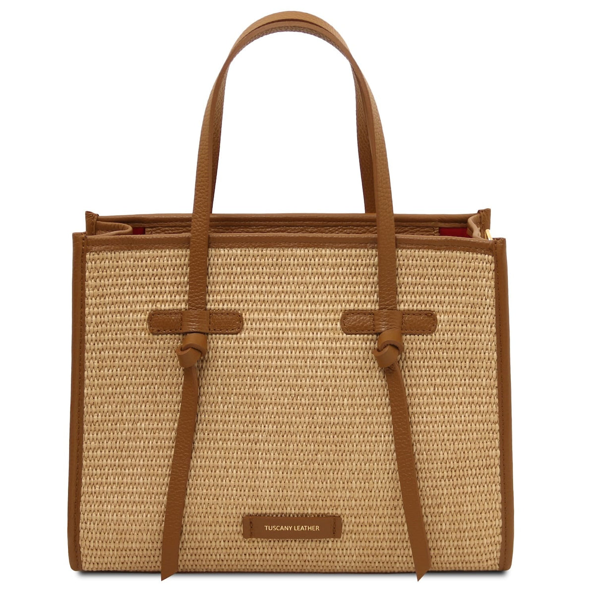 Front view of Frame straw effect shoulder bag with tan leather trim and two top handles