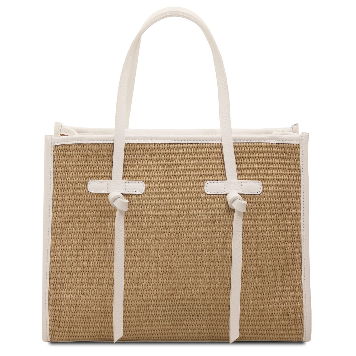 Frame straw effect shoulder bag with white leather trim and two handles