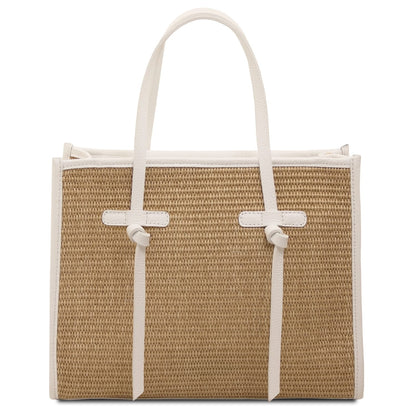 Frame straw effect shoulder bag with white leather trim and two handles