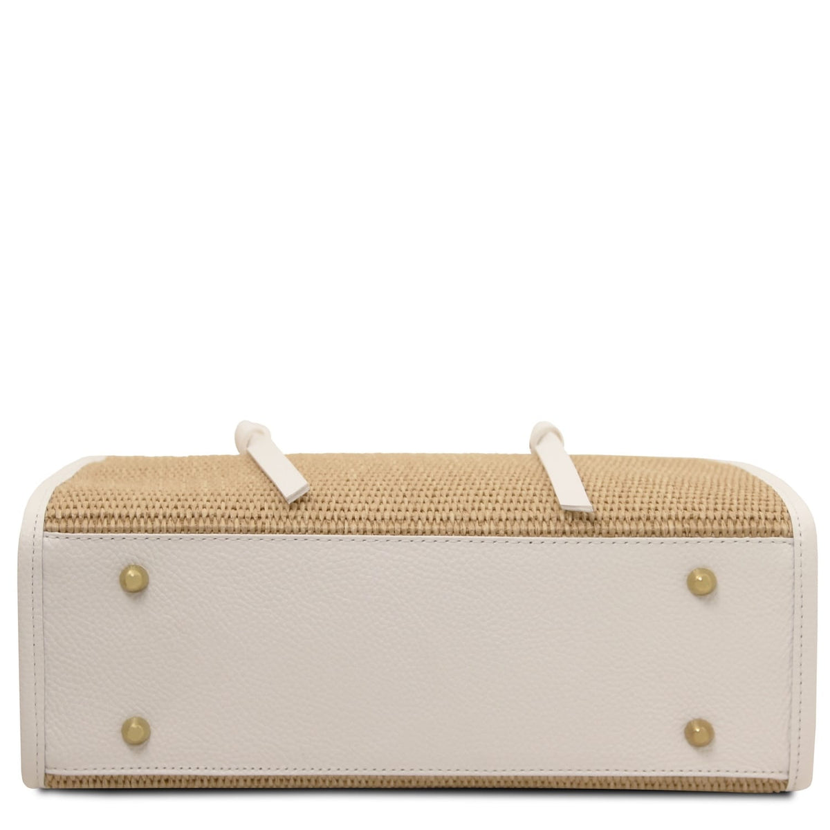 Bottom view of Frame straw effect bag showing white leather base with gold studs