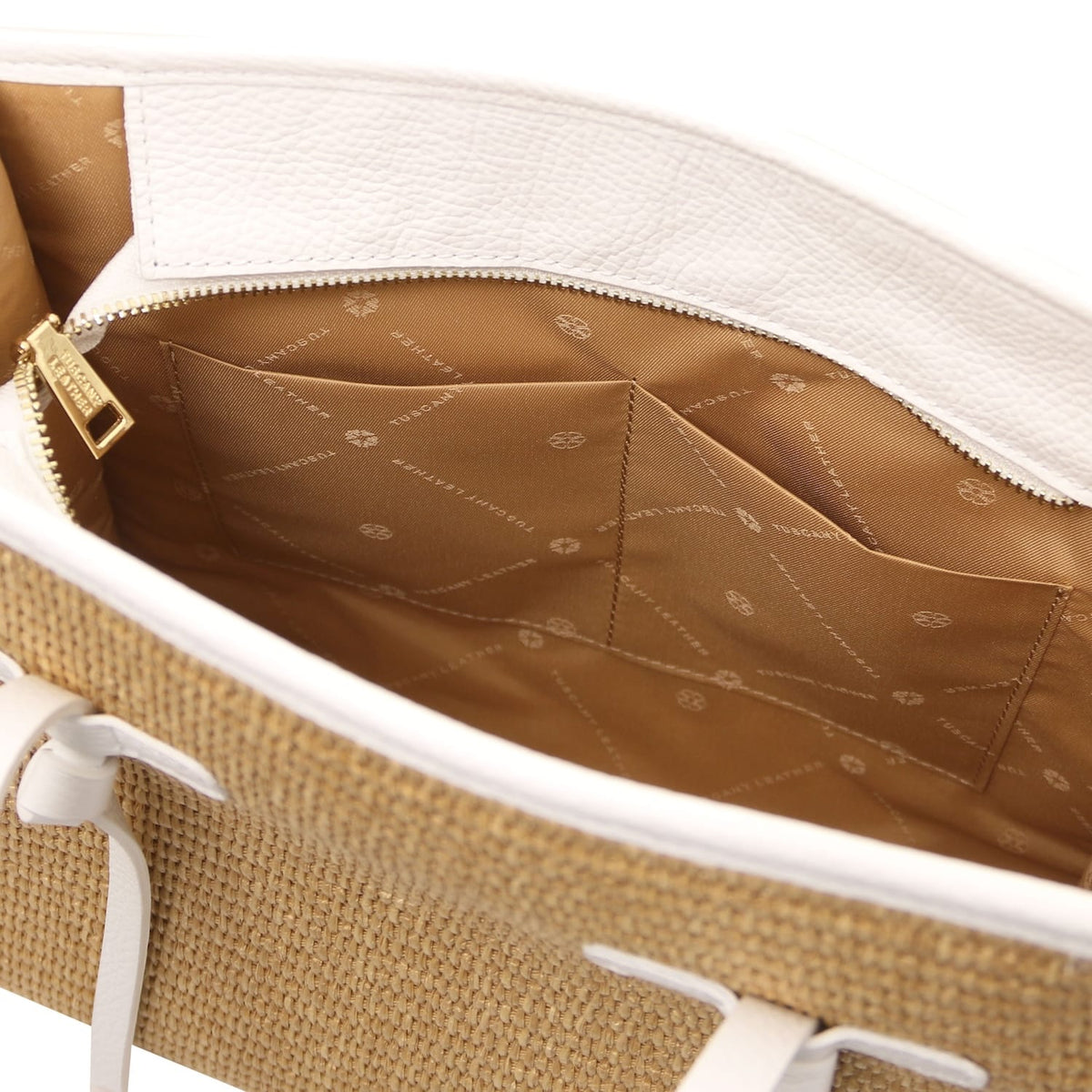 Open straw effect shoulder bag with tan lining and a gold zipper