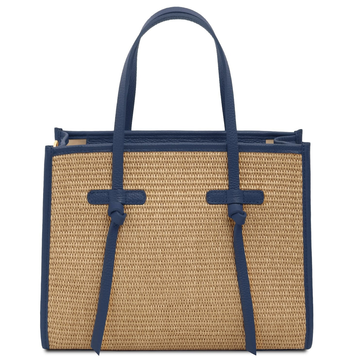 Frame straw effect shoulder bag with blue leather trim and handles