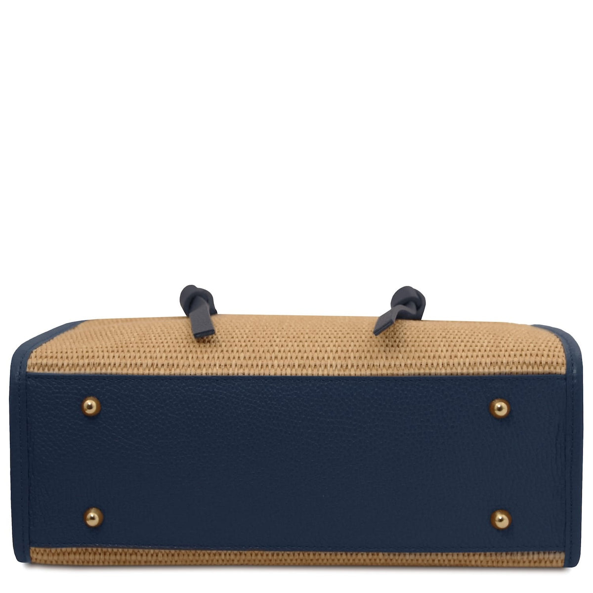 Bottom view of Frame straw effect shoulder bag with blue leather base and brass feet