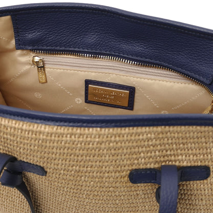 Interior of Frame straw effect shoulder bag with zip pocket and Tuscany Leather label
