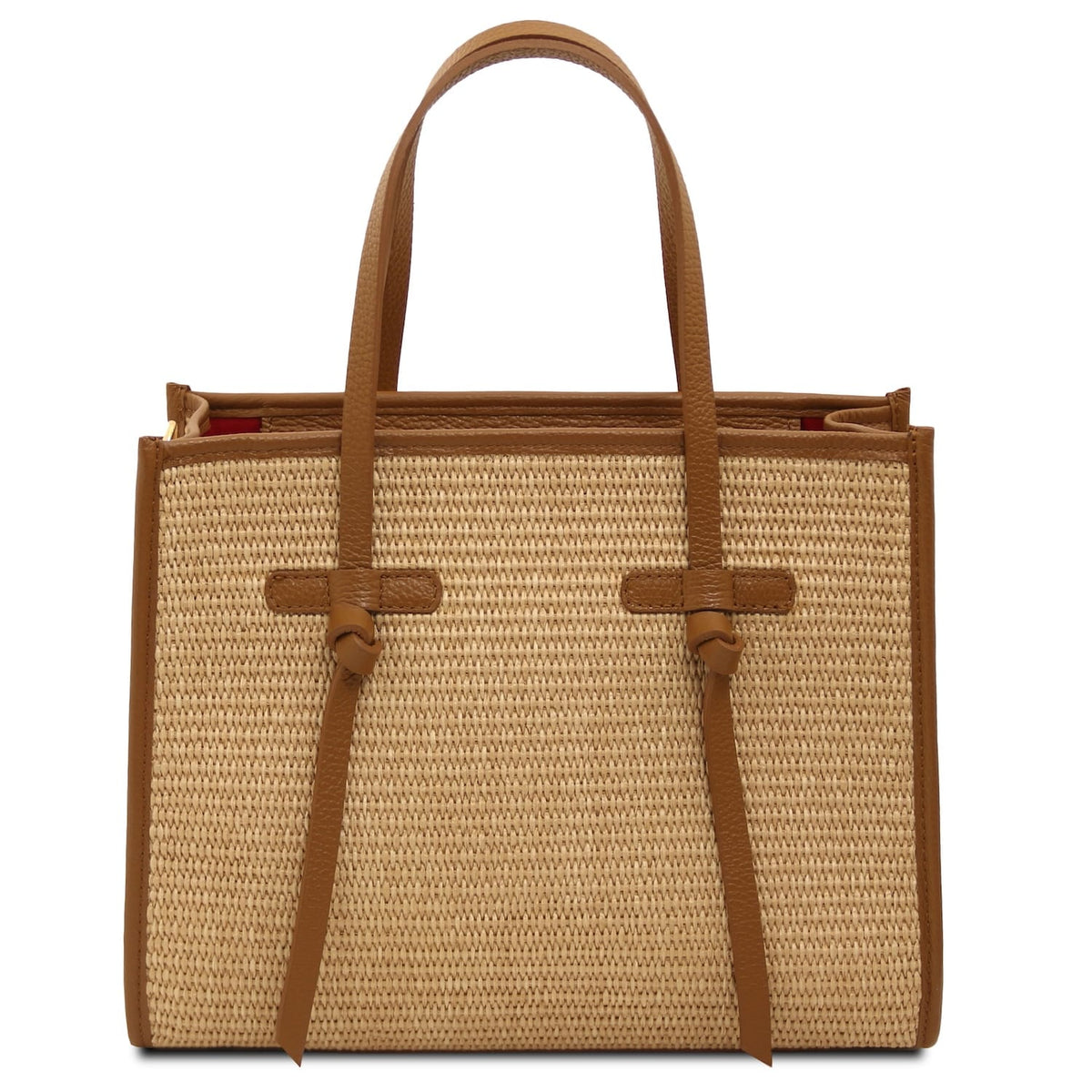 Frame straw effect shoulder bag with tan leather trim and two handles