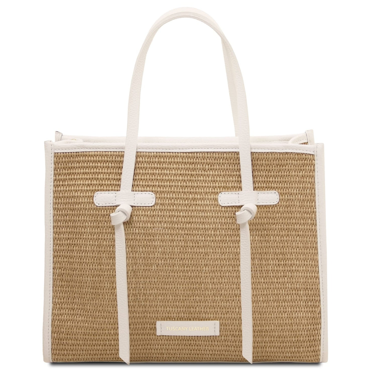Front view of Frame straw effect shoulder bag in natural straw with white leather trim and handles