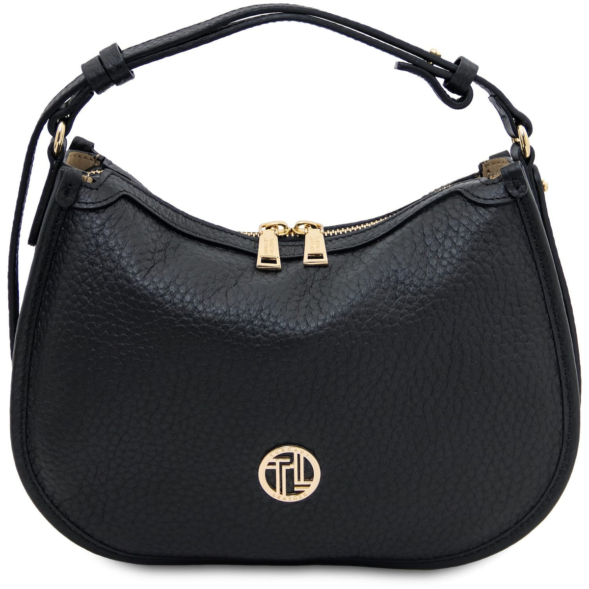 Negro hobo handbag with gold accents sobre fondo blanco