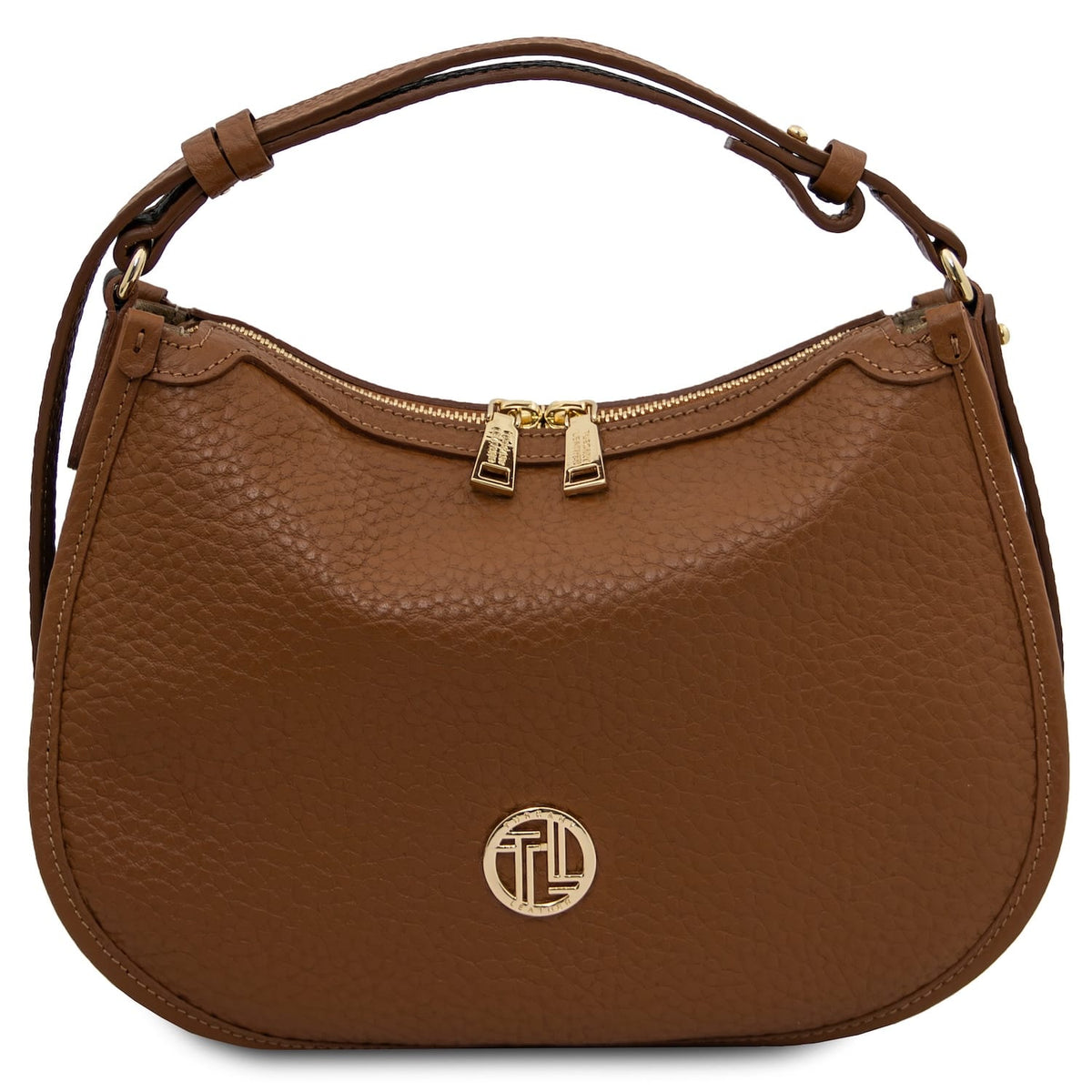Vista frontal of brown pebbled Hoblò piel suave hobo bag with tirador dorados and logo medallion.