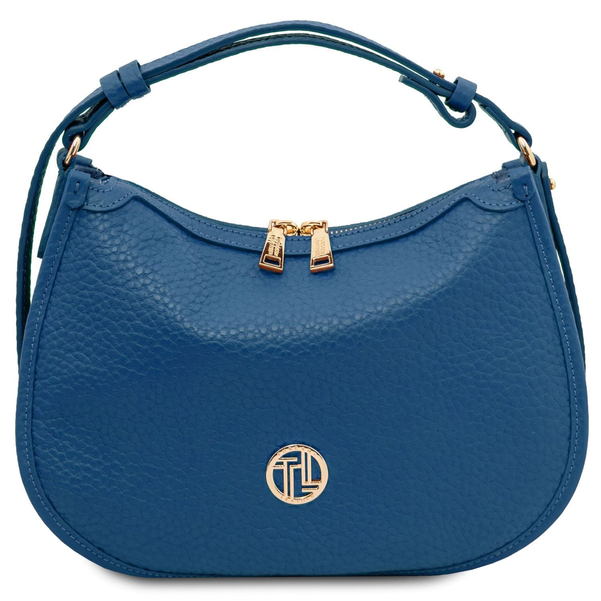 Hoblò blue piel suave hobo bag with textura granulada gold-tone zipper pulls and front circular logo