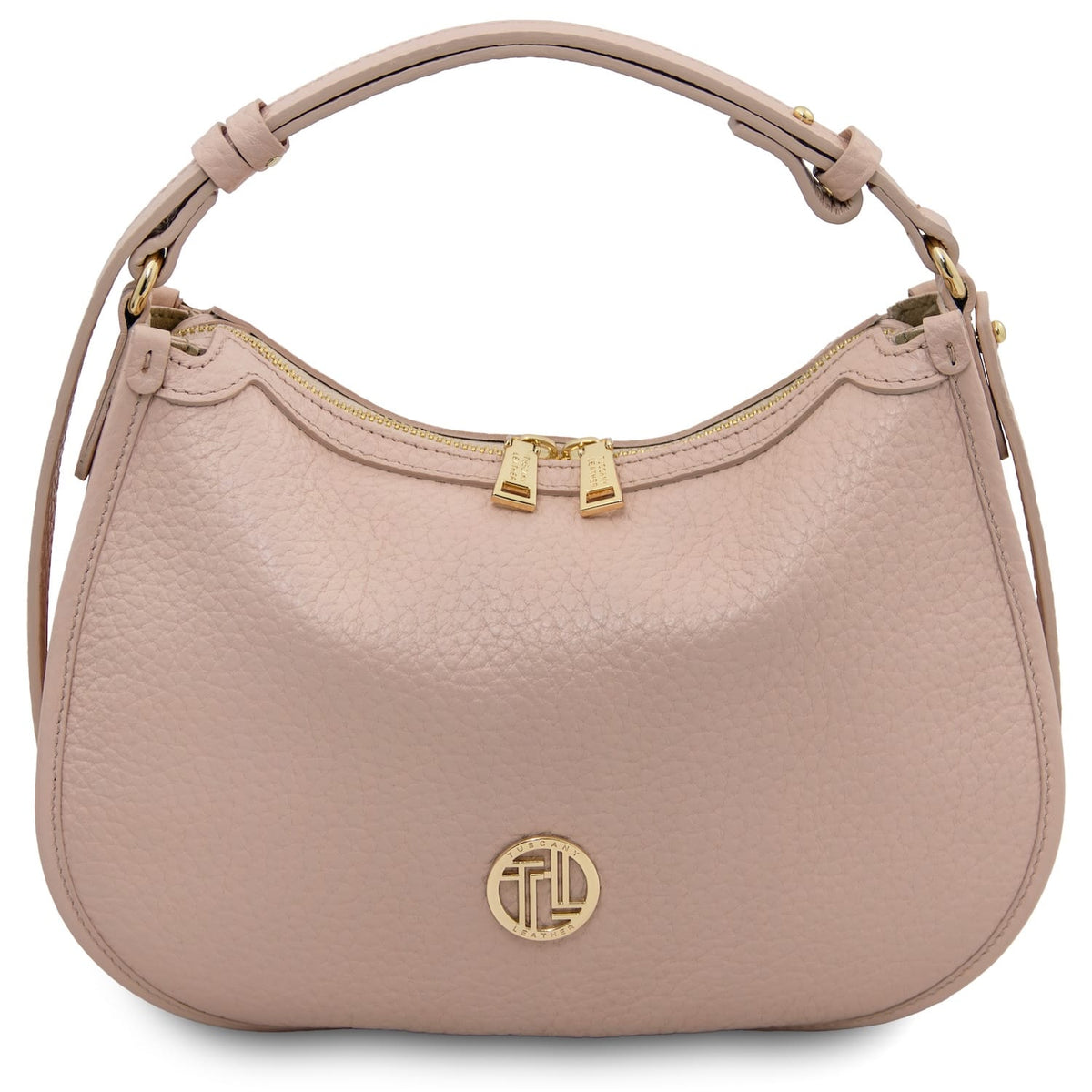Rosa hobo handbag with gold accents sobre fondo blanco