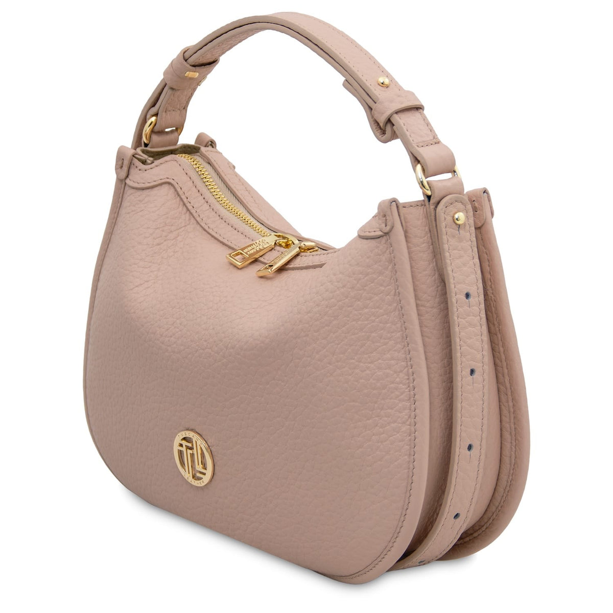 Hoblò Soft Leather hobo bag in blush pink piel granulada with tirador dorados and asa superior
