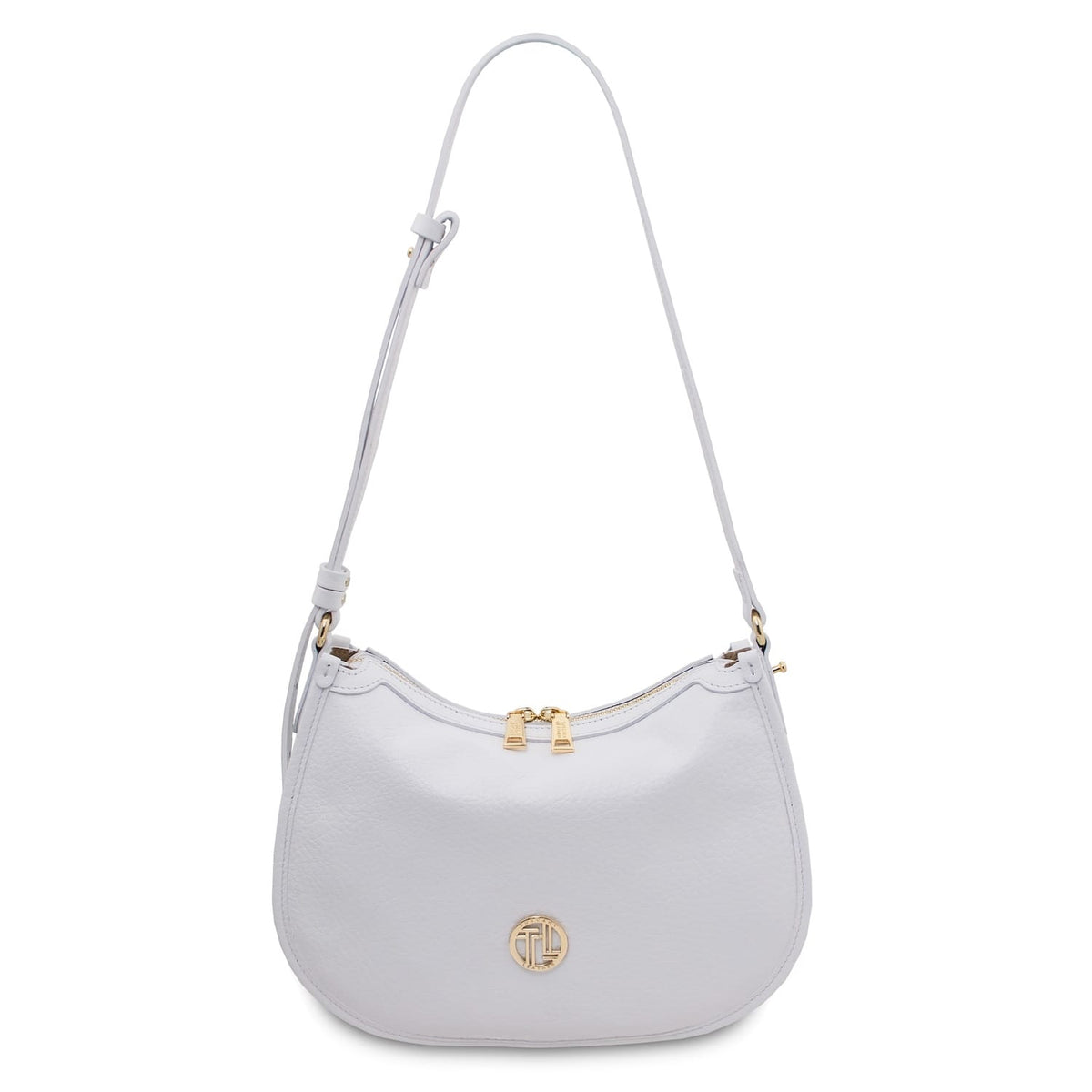 Vista frontal of white Hoblò Soft Leather hobo bag with tirador dorados and circular logo dorado on the front.