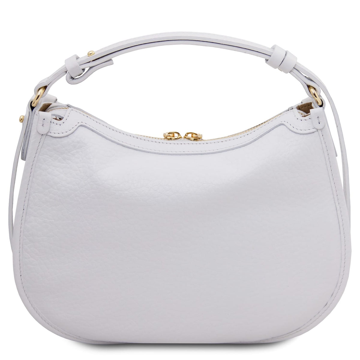 Hoblò Soft Leather hobo bag in white with textura granulada, curved top and tirador dorados.