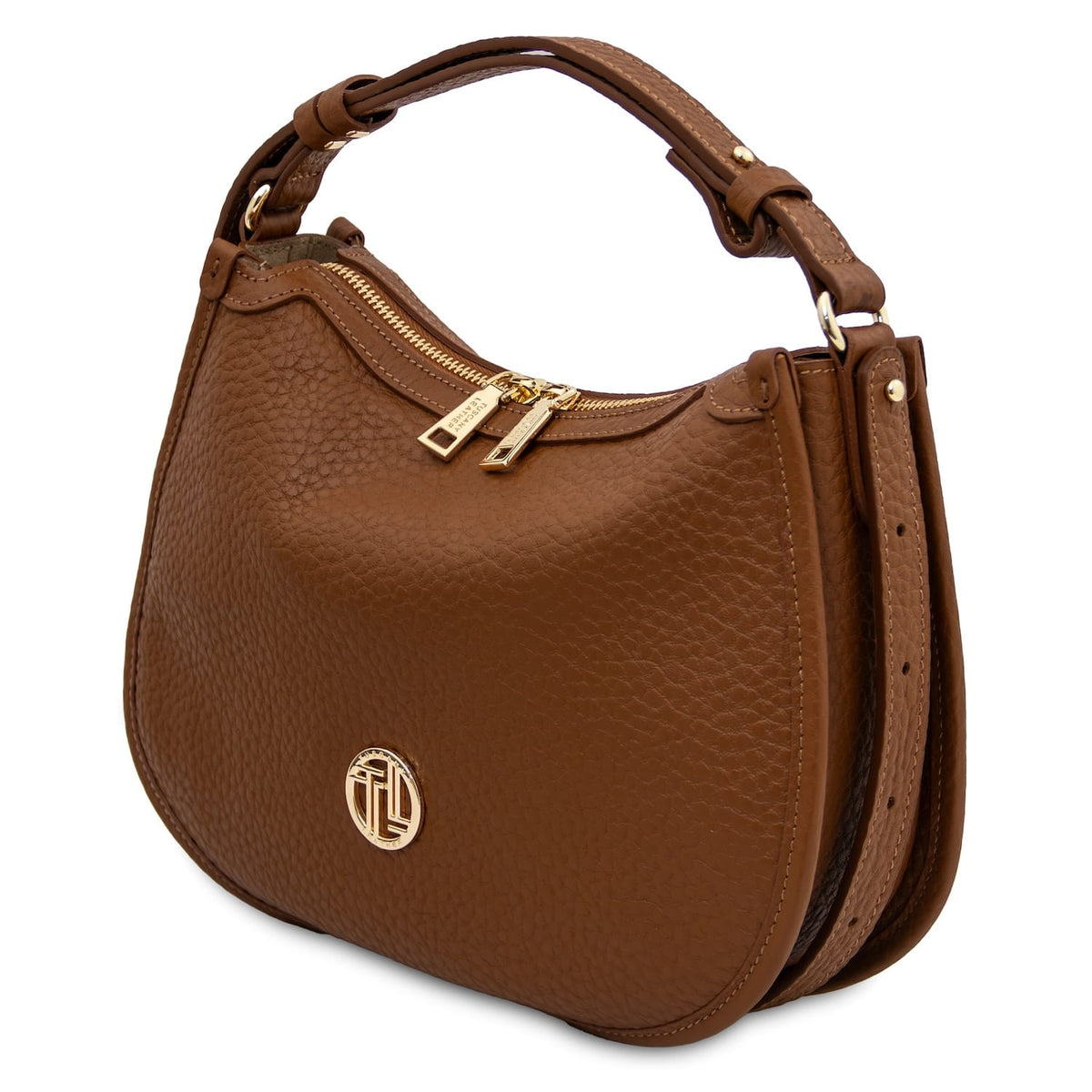 Side profile of brown Hoblò piel suave hobo bag with curved silhouette and correa ajustable in herrajes dorados.