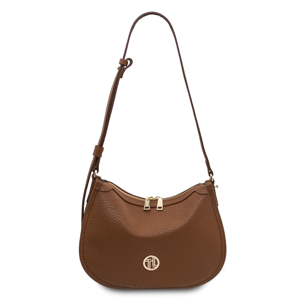 Vista frontal of brown Hoblò Soft Leather hobo bag with long strap, herrajes dorados, and circular logo emblem.