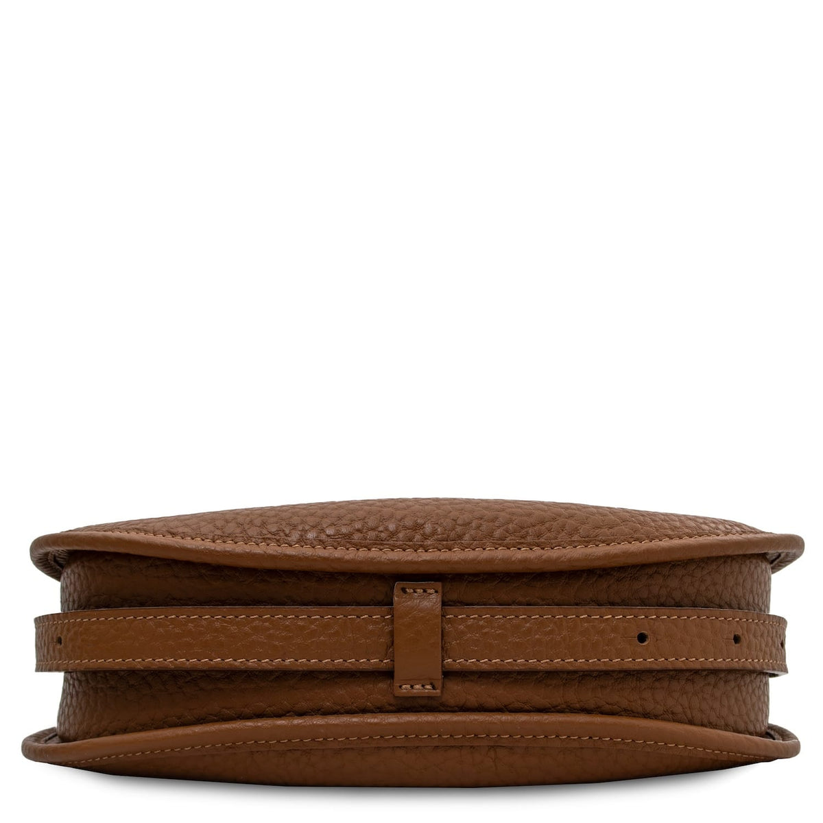 Vista inferior of brown Hoblò Soft Leather hobo bag with wrapped strap around the base.