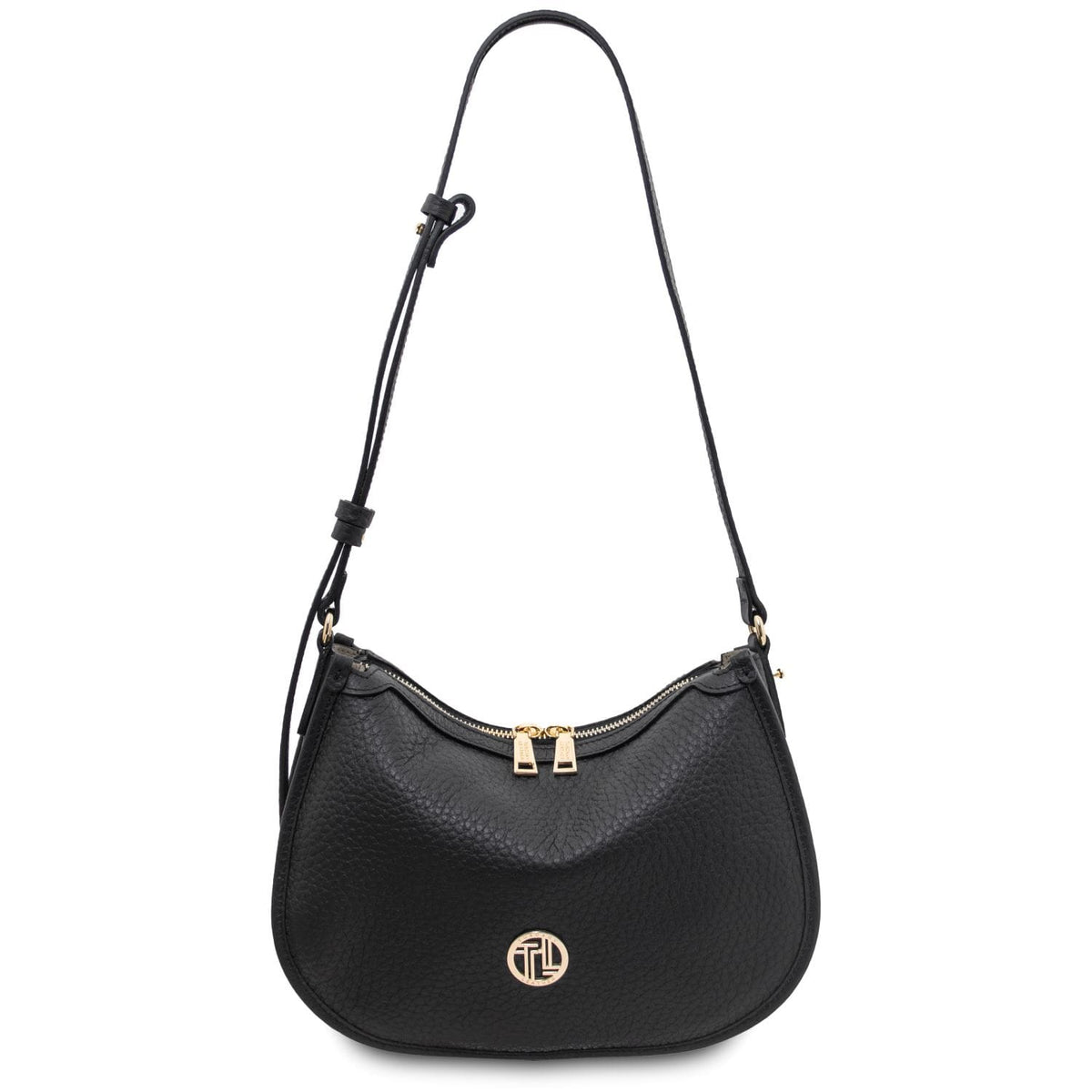 Hoblò piel suave hobo bag in black with a long correa ajustable and herrajes dorados