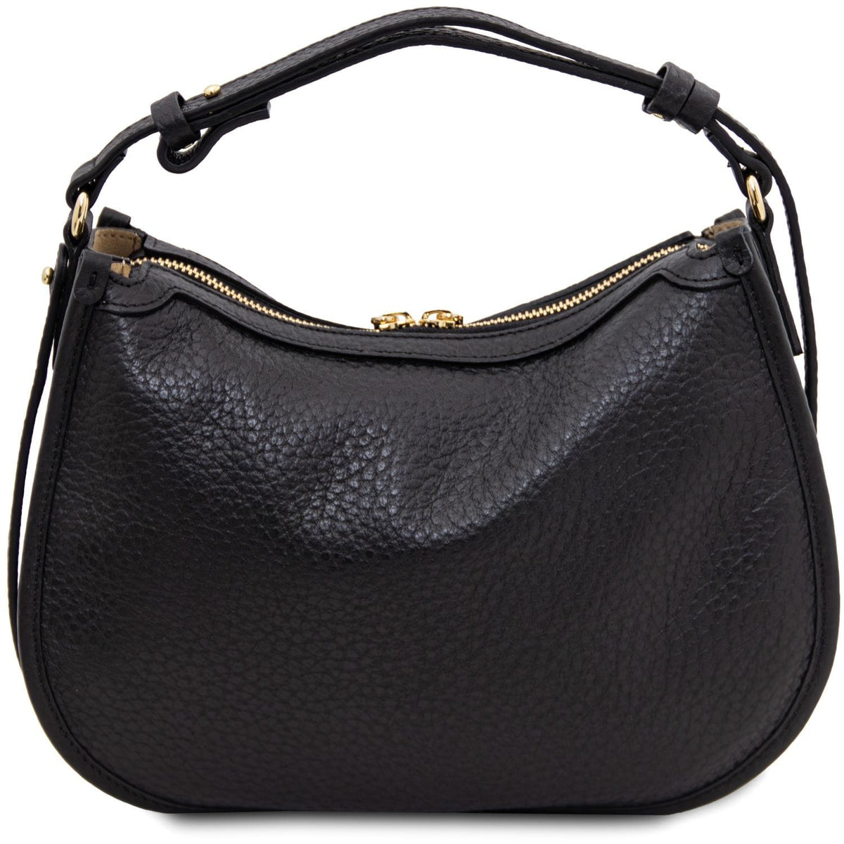 Vista lateral of the black piel suave hobo bag highlighting its curved silhouette and herrajes dorados